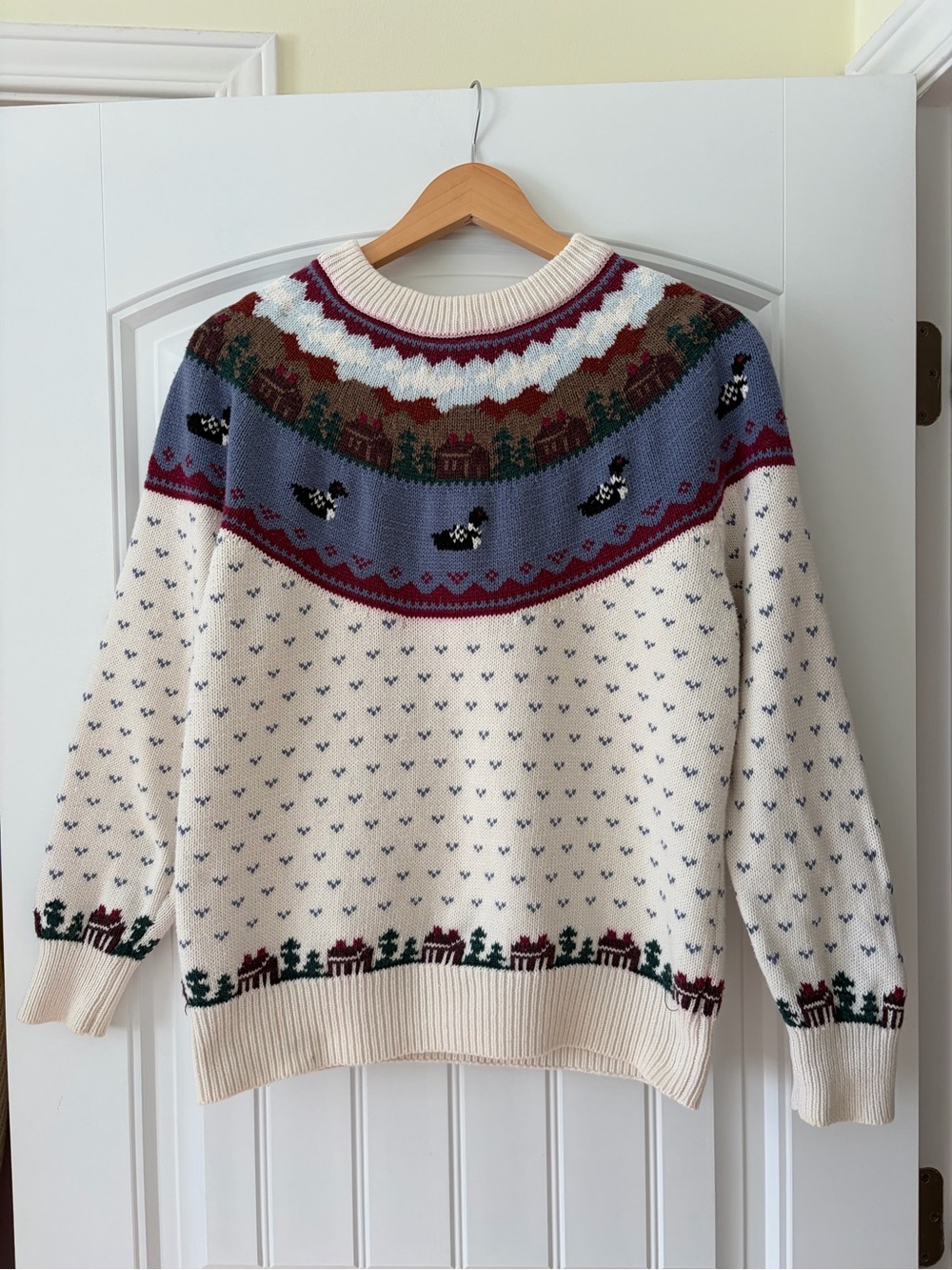 Vintage Northern Reflections Knit Cream Fair Isle Loon Sweater 100% Cotton Med.